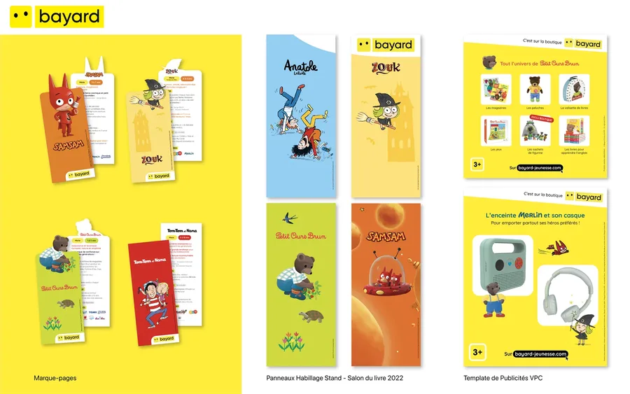 Bayard — Box mathématiques co-créées avec Topla, maquettes des livrets d’activités, puis marque-pages, pages VPC et habillage de stand.