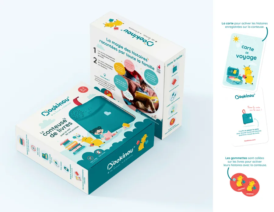 Le packaging et les éléments imprimés qui accompagnent la conteuse.