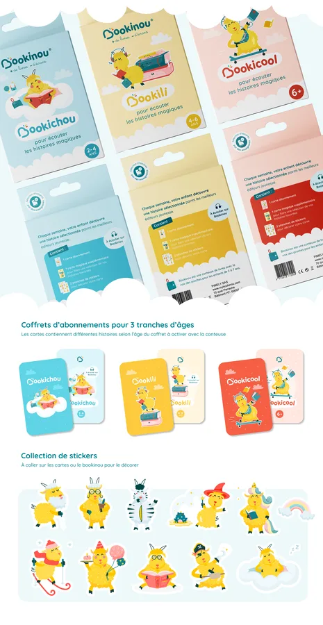 Coffrets d’abonnement par tranche d’âge, cartes et planche de stickers.