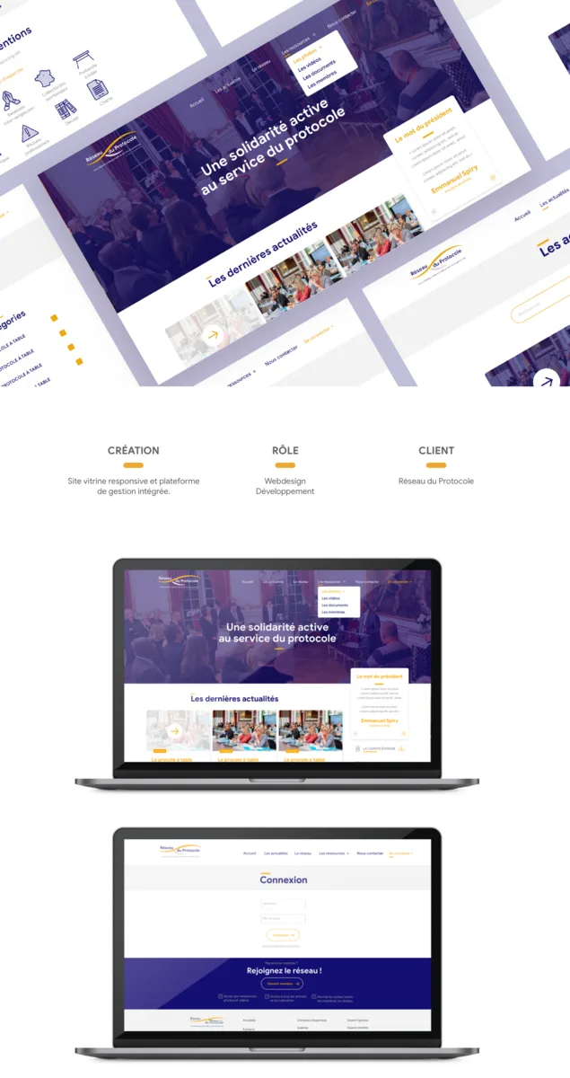 Site vitrine du Réseau du Protocole et sa page de connexion.