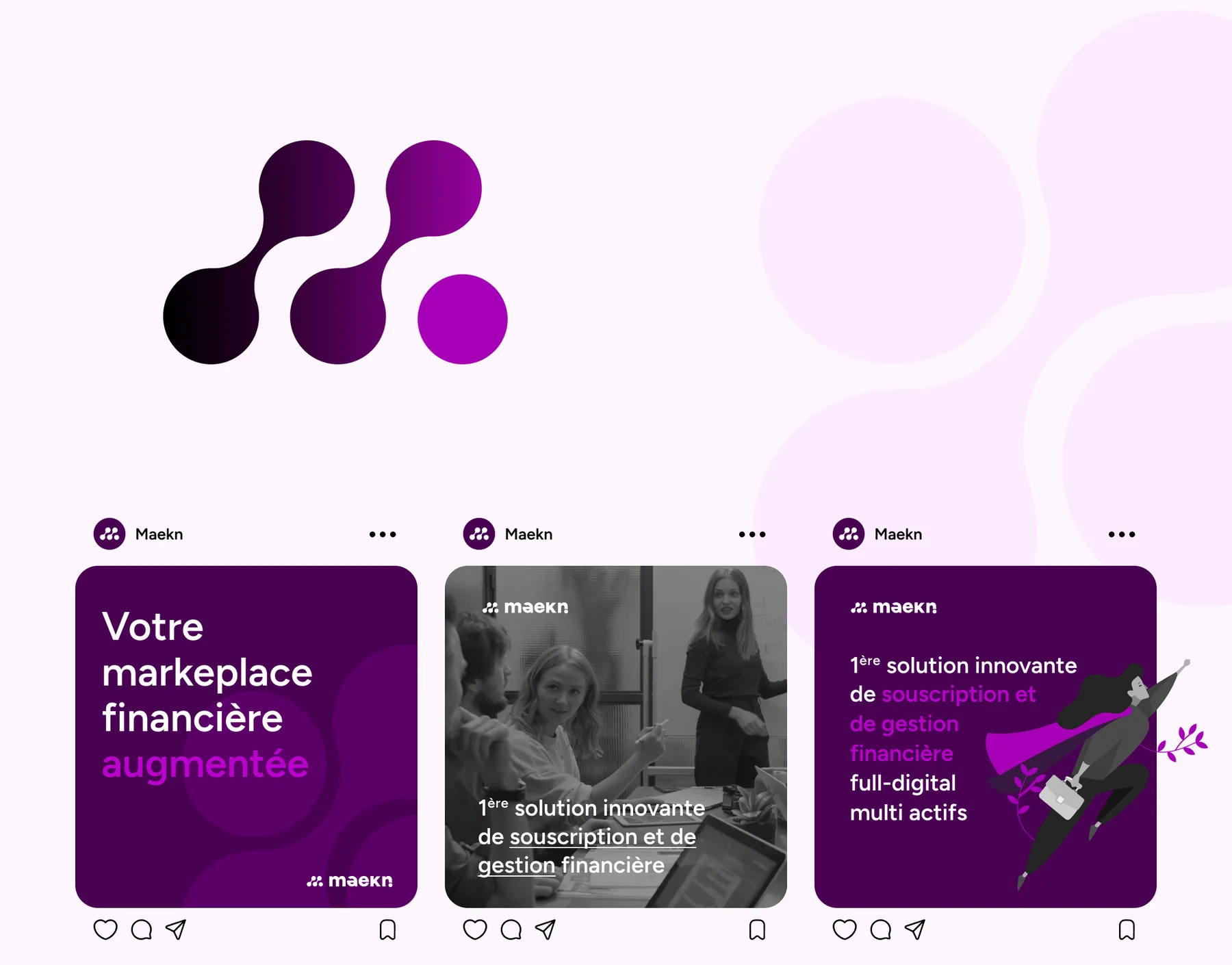 Le symbole agrandi et trois publications pour les réseaux sociaux.