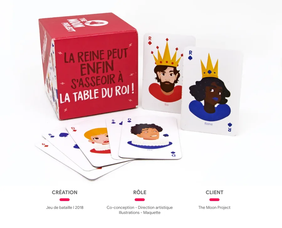 The Moon Project — Une série de jeux de cartes pour l’égalité : 7 familles de grandes femmes, mémo des métiers et bataille paritaire.