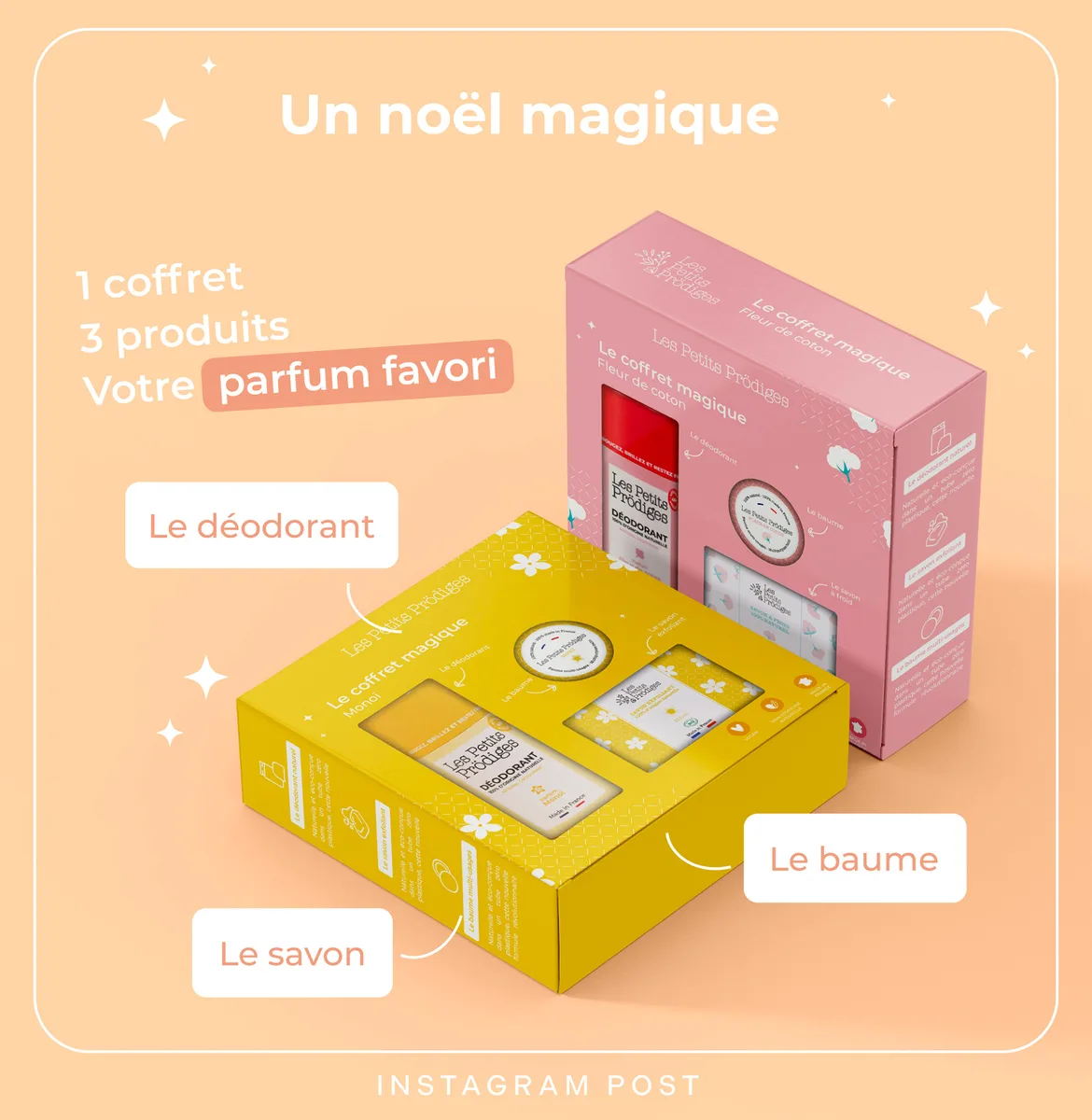 Post Instagram : un coffret, trois produits, au parfum choisi.