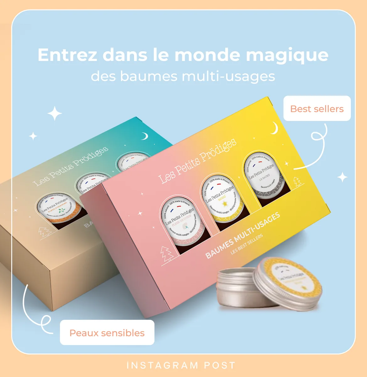 Post Instagram sur les baumes multi-usages, best-sellers et peaux sensibles.