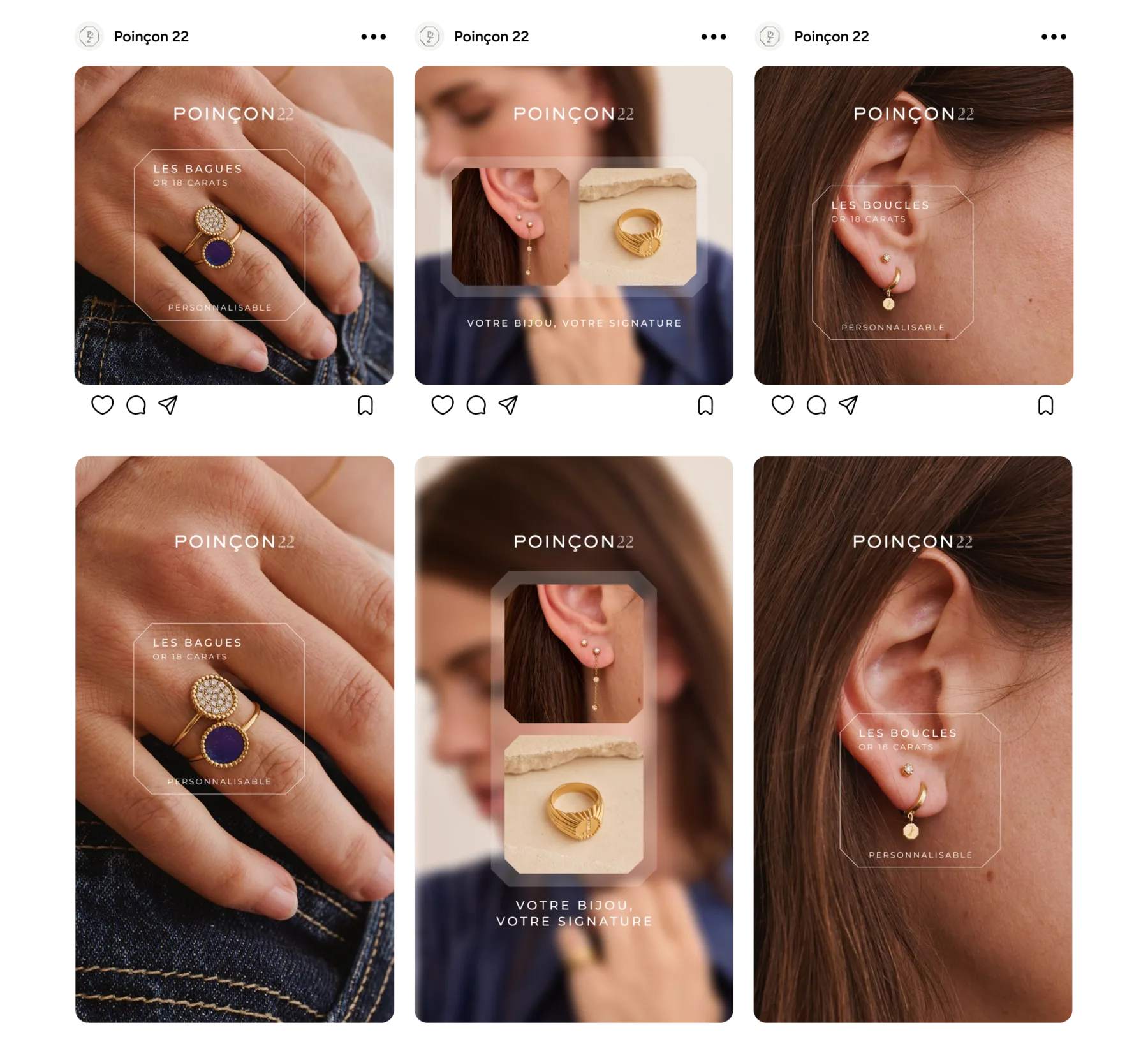 Bagues et boucles d’oreilles, déclinées en carré et en story.