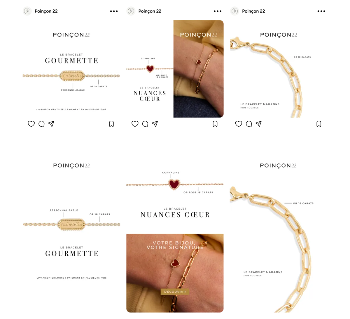 Trois bracelets — gourmette, nuances cœur, maillons — en deux formats.