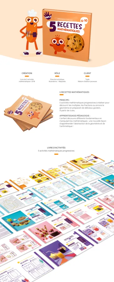 Le livre « 5 recettes mathématiques » et son personnage cuisinier orange.