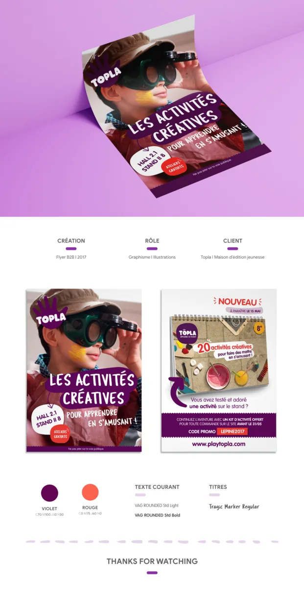 Flyer « Les activités créatives », un enfant aux lunettes d’explorateur sur violet.