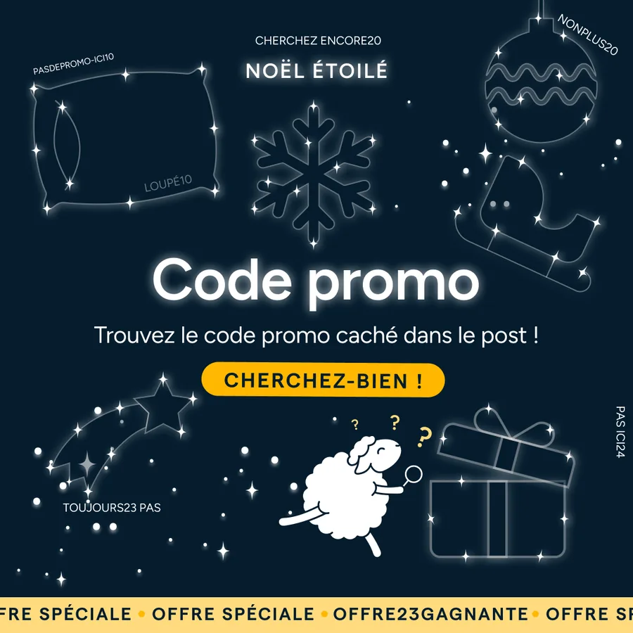 Constellations d’oreiller, de flocon et de traîneau cachant un code promotionnel.