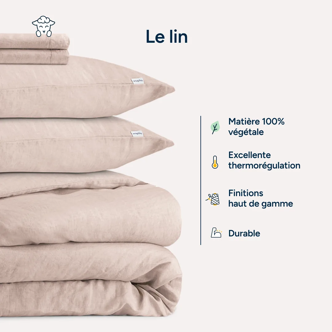 Fiche du lin : pile de linge rose et quatre arguments produit.
