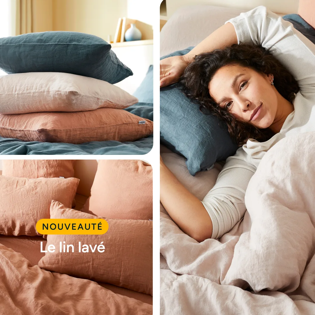 Lancement du lin lavé : piles de linge et dormeuse, trois cadrages.