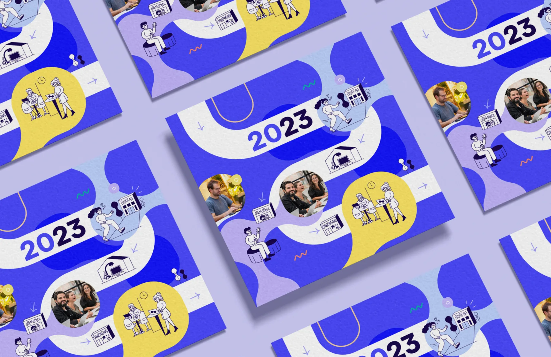 Les cartes de vœux en série, violet, bleu et jaune.